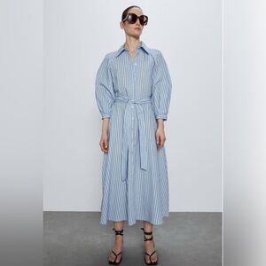 ZARA Women Blue Striped Button Down Belt Shirt Dress Size xl